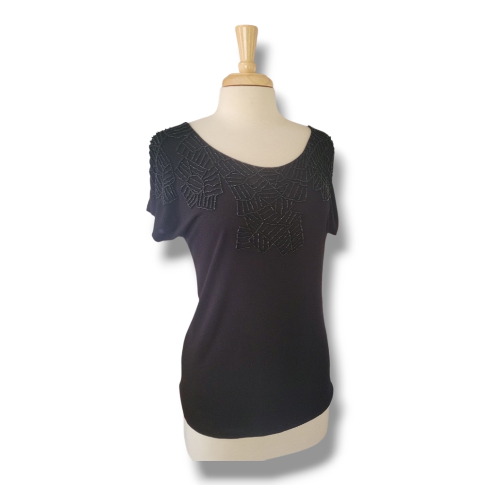 XXI Black Round Neck Beaded Short Sleeve Blouse. Size S/P (Loose-fit)